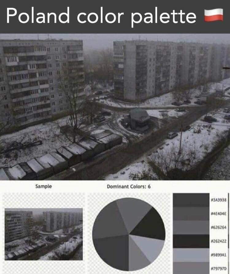 [Poland colour palette: a photograph of 2 apartments block in the Winter, with snow instead of grass. Everything is grey. Under the picture there are listed grey colours.]