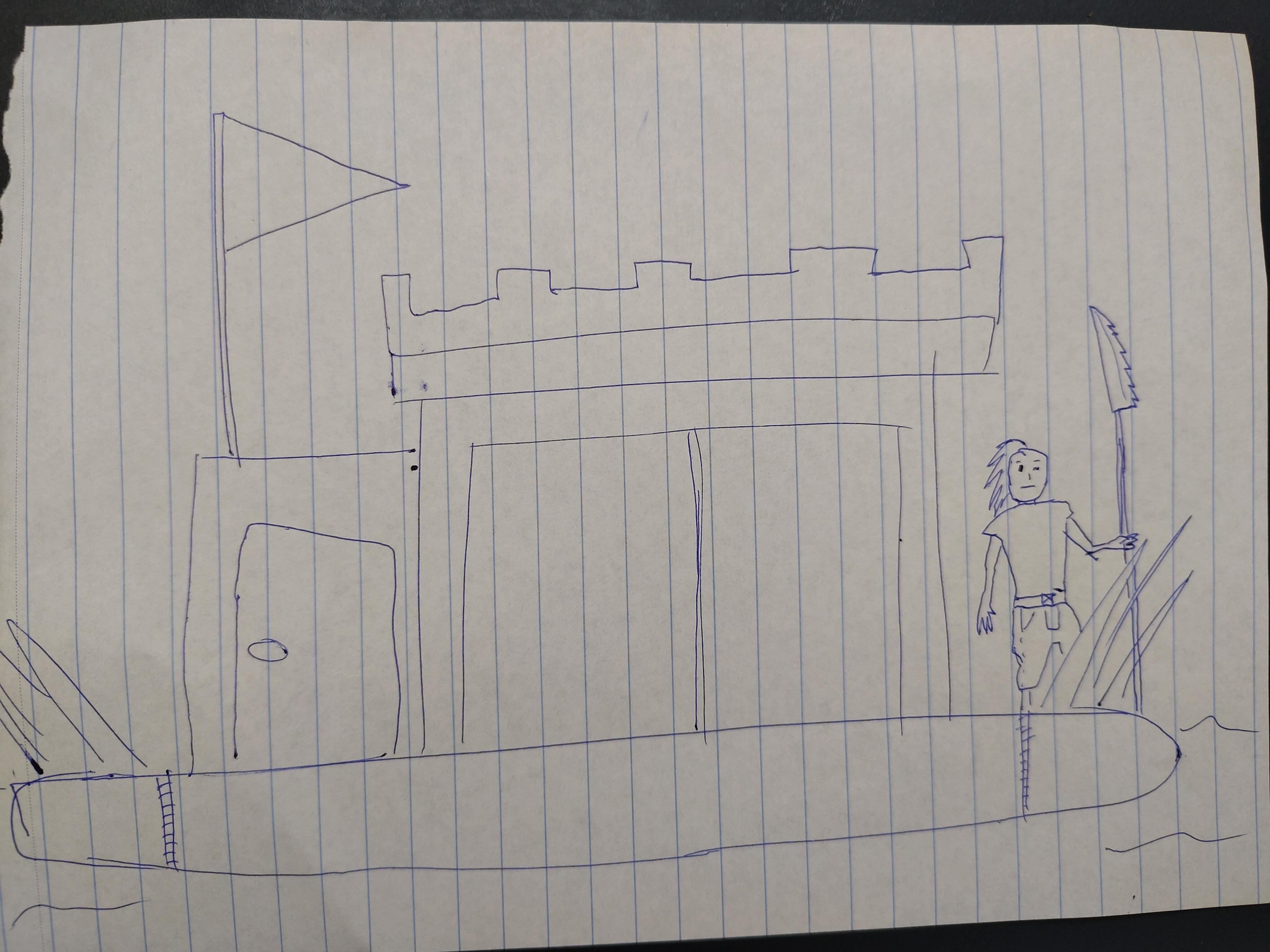 Hand-drawn image presenting a modern house placed on two hulls, with battlements on the roof, and a triangular flag on a mast. On the right, there is a character with a mohawk haircut, dressed in shorts and a sleeveless shirt. He's holding a harpoon in his left hand.